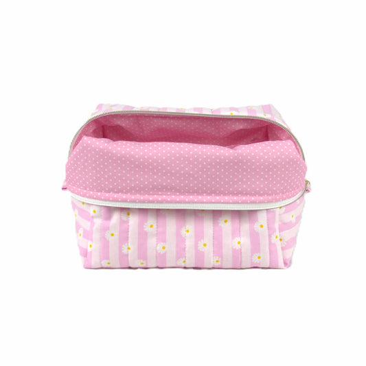 Handmade large makeup bag with pink stripes and daisies with bubblegum pink and white polkadot liner - gift for her NZ