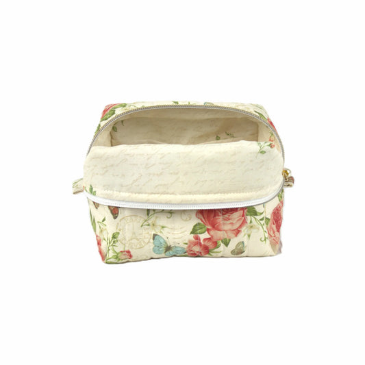 Handmade small makeup bag, Paris themed vintage roses and butterflies on cream fabric with a written text and floral liner - gift for her NZ