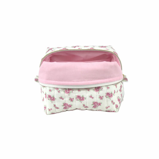 Handmade small makeup bag, pink vintage flowers on white fabric with pale pink liner - gift for her NZ