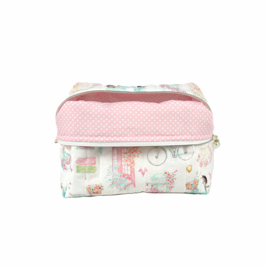 Handmade large makeup bag, world icons on white fabric with white polkadots on pink liner - gift for her NZ