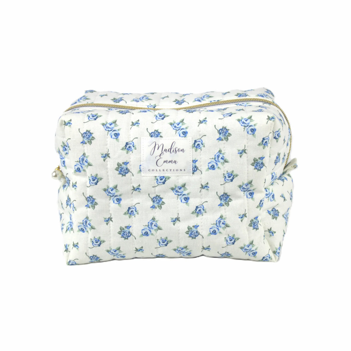 Handmade large makeup bag, blue vintage flowers on white fabric - gift for her NZ