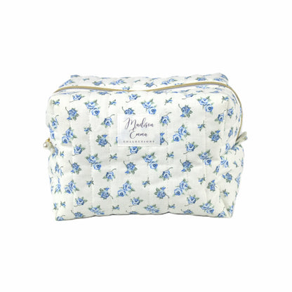 Handmade large makeup bag, blue vintage flowers on white fabric - gift for her NZ