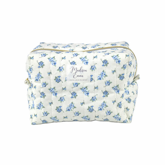 Handmade large makeup bag, blue vintage flowers on white fabric - gift for her NZ