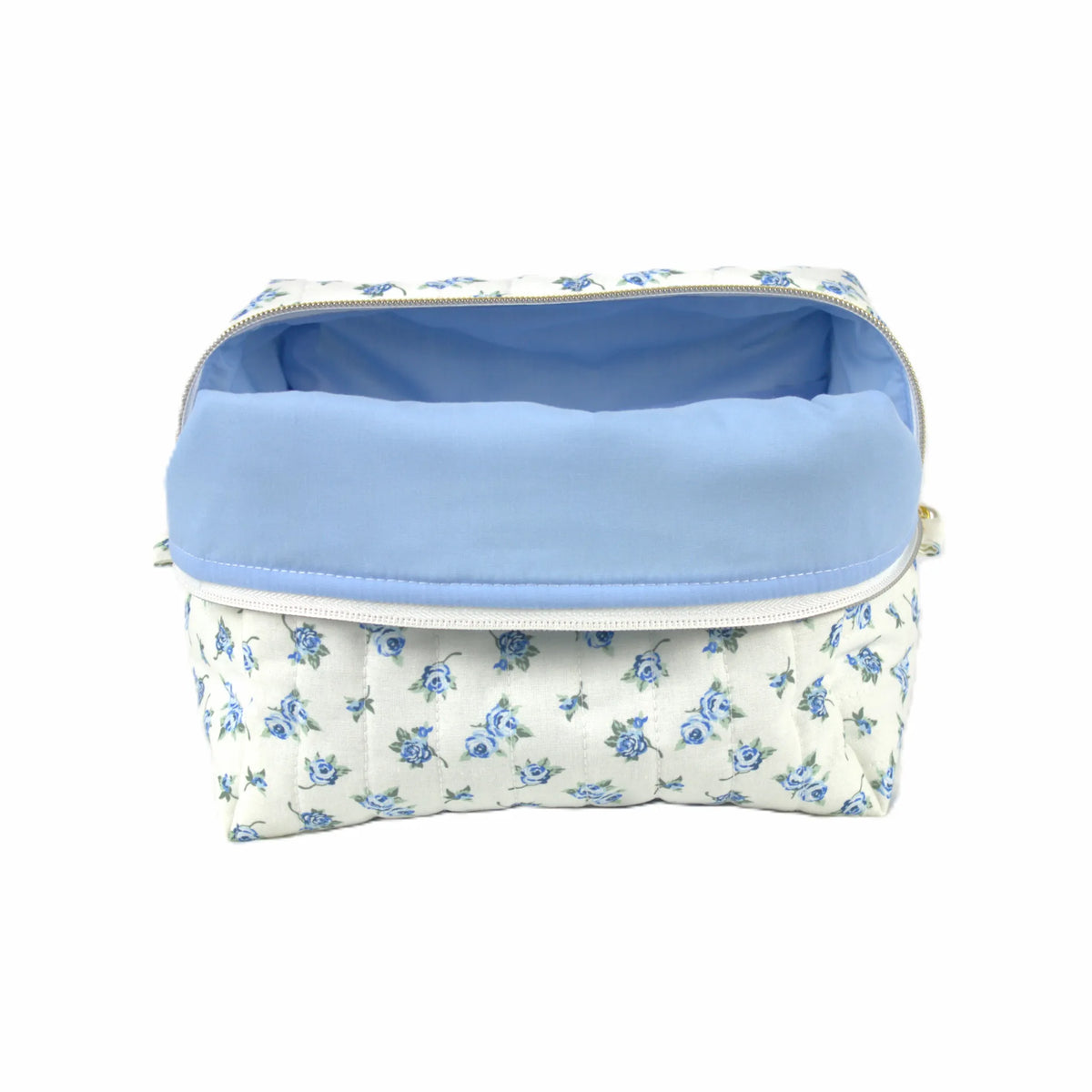 Handmade large makeup bag, blue vintage flowers on white fabric with light blue liner - gift for her NZ