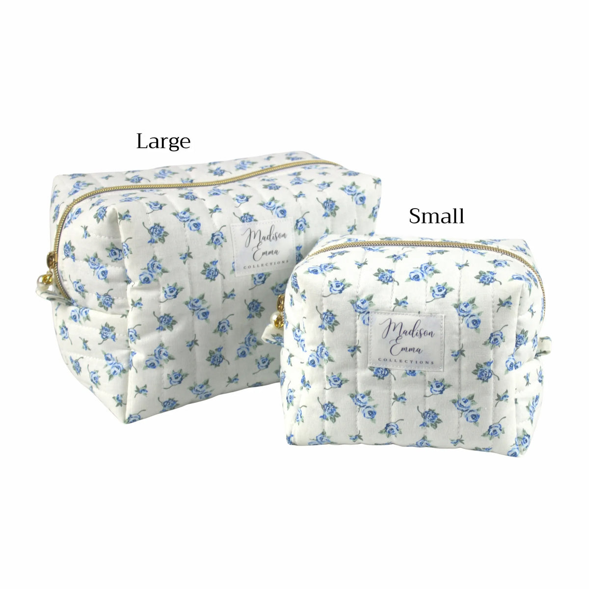 Handmade makeup bag size comparison.  Blue vintage flowers on white fabric - gift NZ