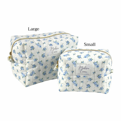 Handmade makeup bag size comparison.  Blue vintage flowers on white fabric - gift NZ