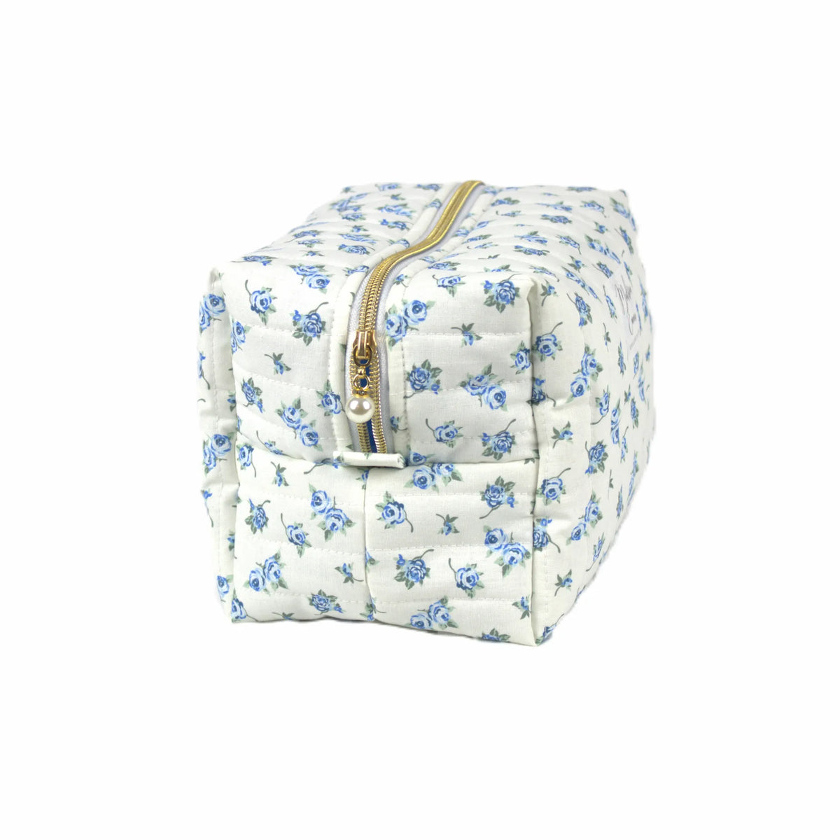 Handmade large makeup bag, blue vintage flowers on white fabric with gold zip and pearl zip pull - gift for her NZ
