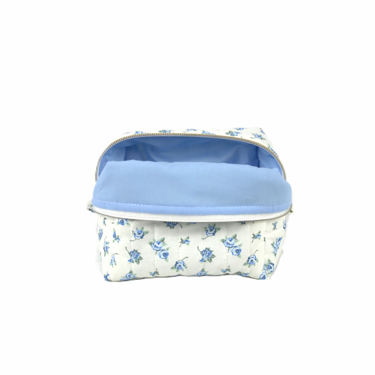 Handmade small makeup bag, blue vintage flowers on white fabric with light blue liner - gift for her NZ