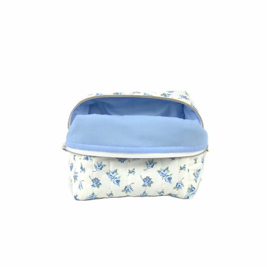 Handmade small makeup bag, blue vintage flowers on white fabric with light blue liner - gift for her NZ