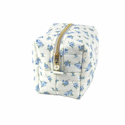 Handmade small makeup bag, blue vintage flowers on white fabric with gold zip and pearl zip pull - gift for her NZ