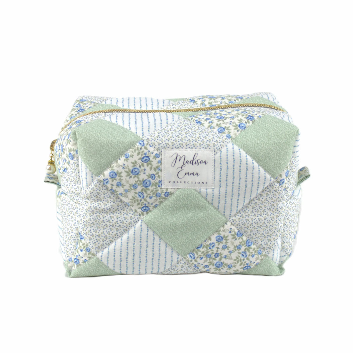 Handmade large makeup bag, sage and blue patchwork - gift for her NZ