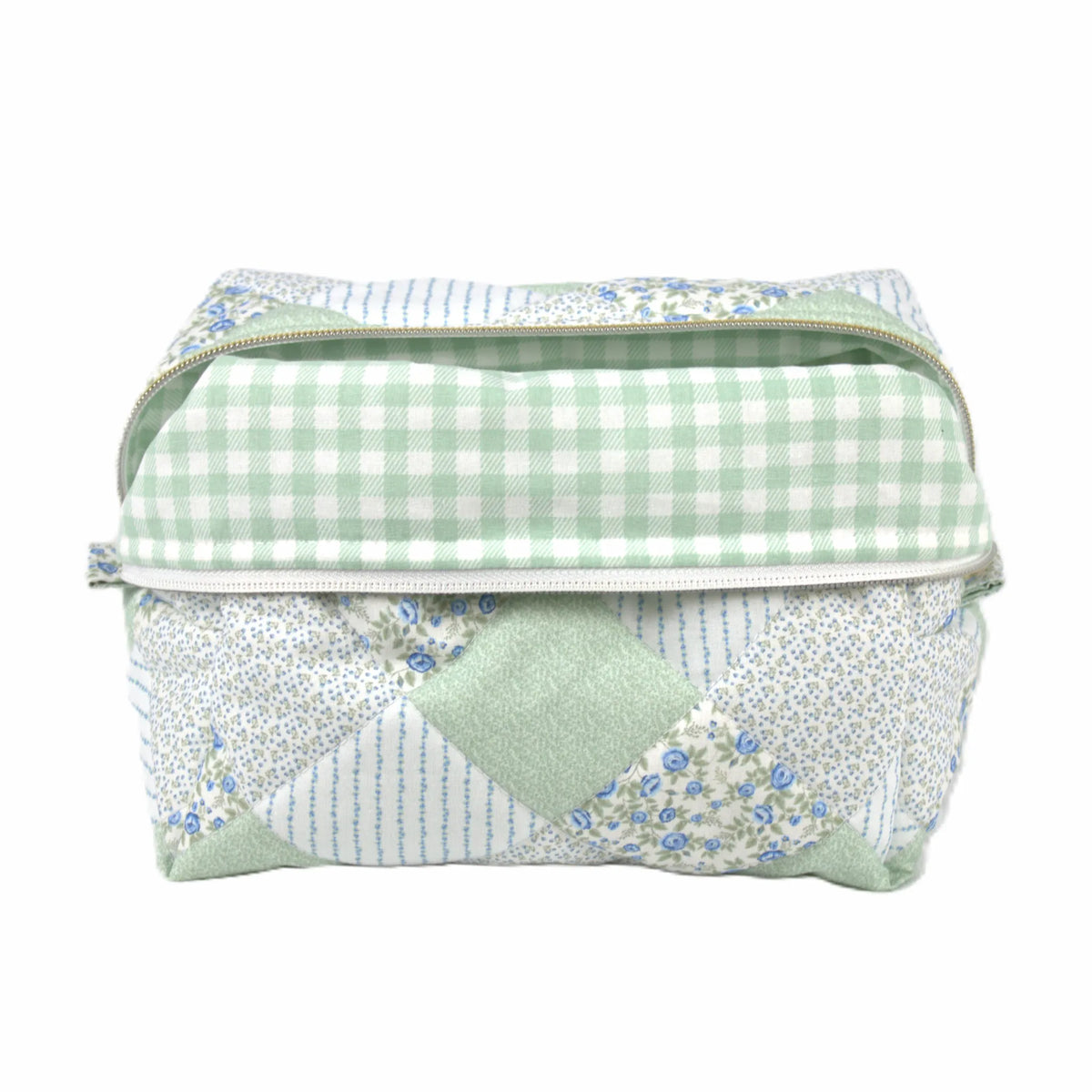 Handmade large makeup bag, sage and blue patchwork with white and sage gingham liner - gift for her NZ