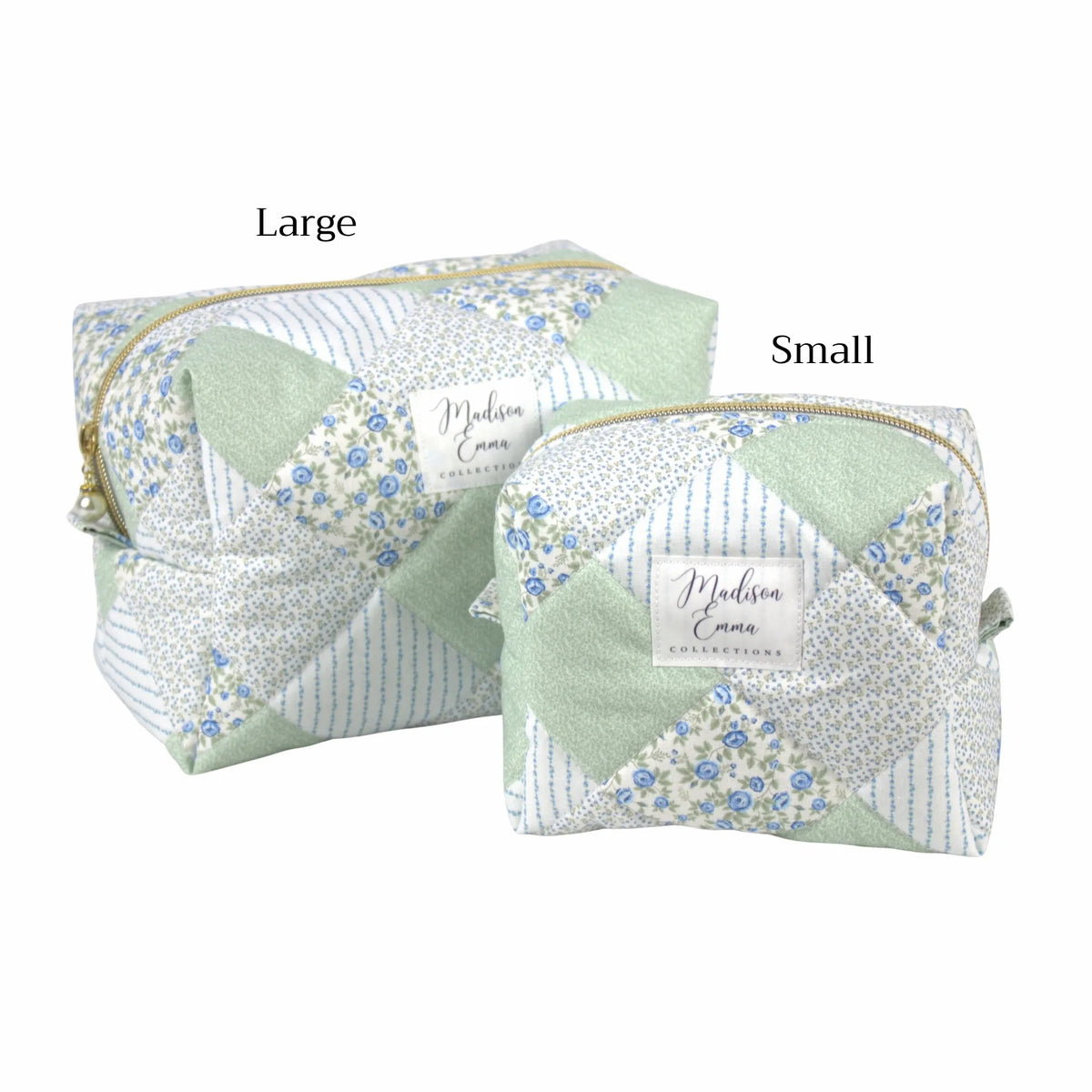 Handmade makeup bag size comparison, sage and blue patchwork  - gift for her NZ