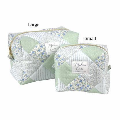 Handmade makeup bag size comparison, sage and blue patchwork  - gift for her NZ