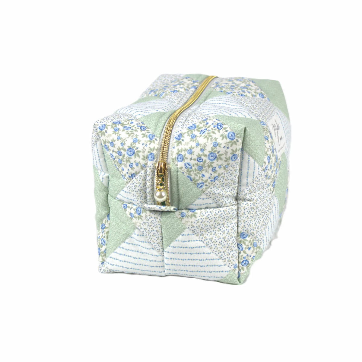 Handmade large makeup bag, sage and blue patchwork with gold zip and pearl zip pull - gift for her NZ