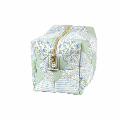 Handmade large makeup bag, sage and blue patchwork with gold zip and pearl zip pull - gift for her NZ