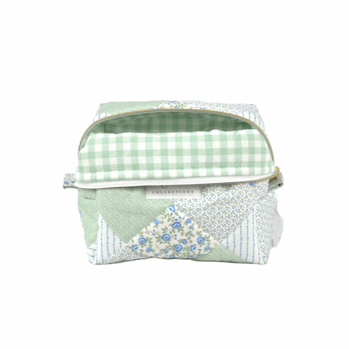 Handmade small makeup bag, sage and blue patchwork with white and sage gingham liner - gift for her NZ