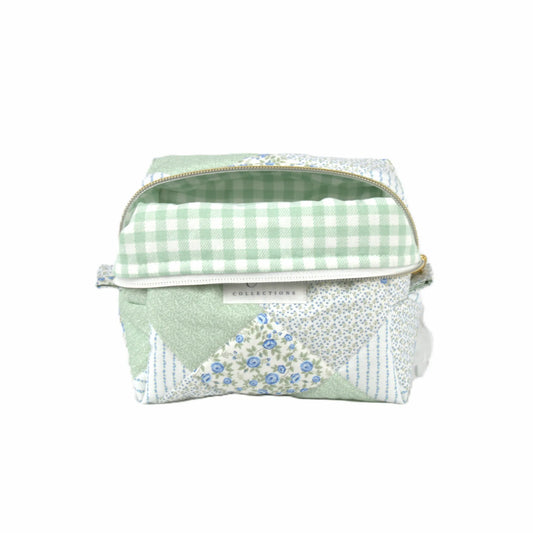 Handmade small makeup bag, sage and blue patchwork with white and sage gingham liner - gift for her NZ