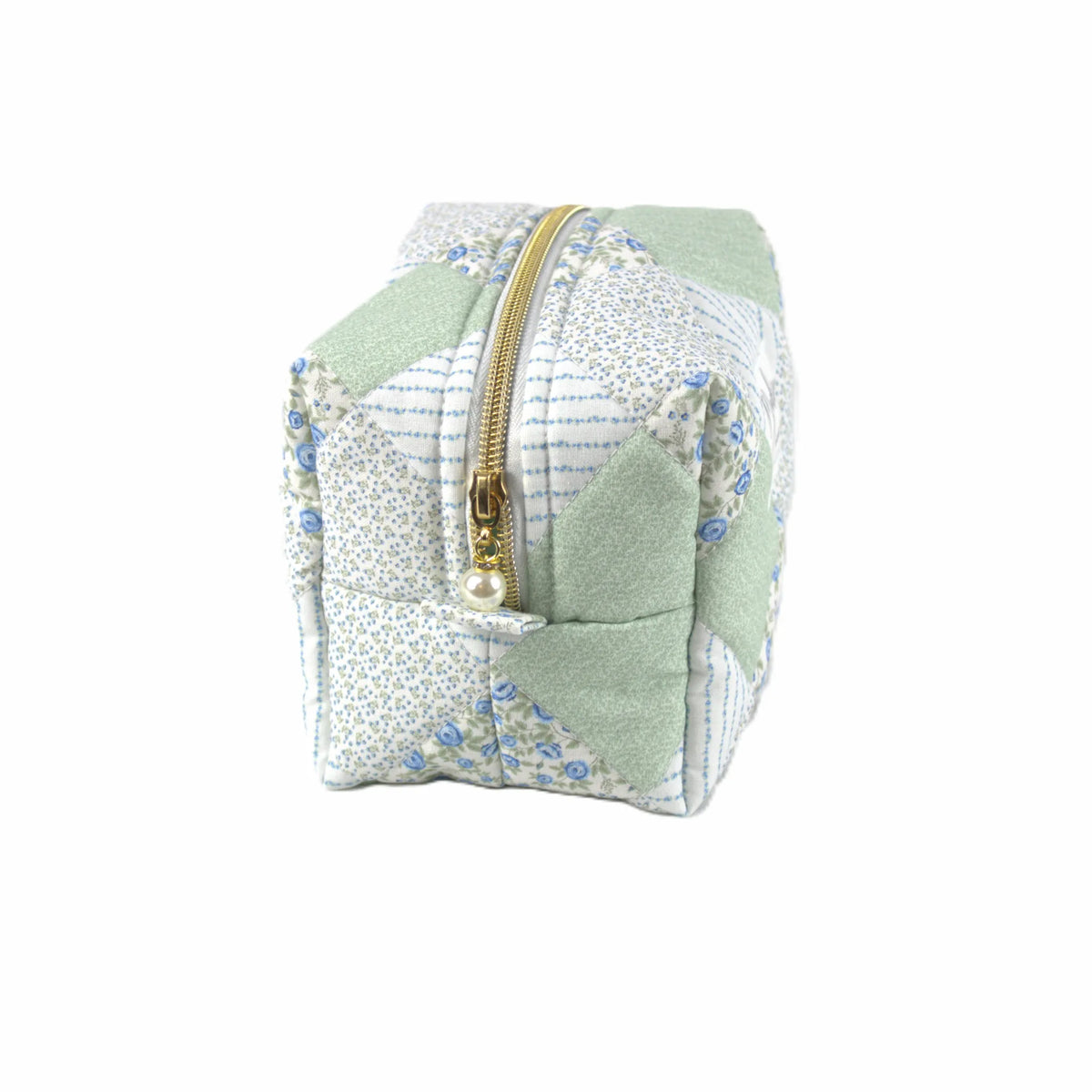 Handmade small makeup bag, sage and blue patchwork with gold zip and pearl zip pull - gift for her NZ