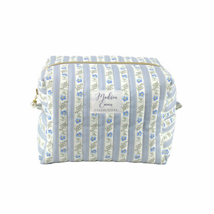 Handmade large makeup bag, blue floral striped - gift for her NZ