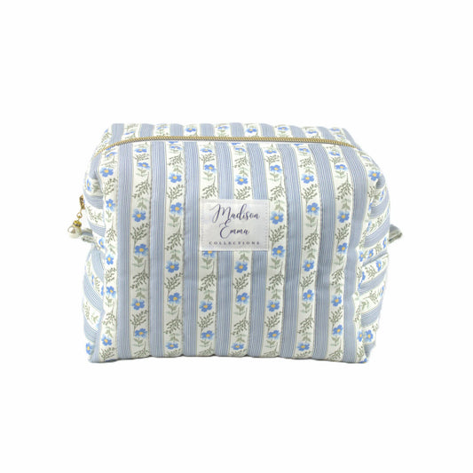 Handmade large makeup bag, blue floral striped - gift for her NZ