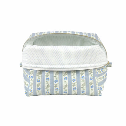 Handmade large makeup bag, blue floral striped with mini blue polkadots on white liner - gift for her NZ