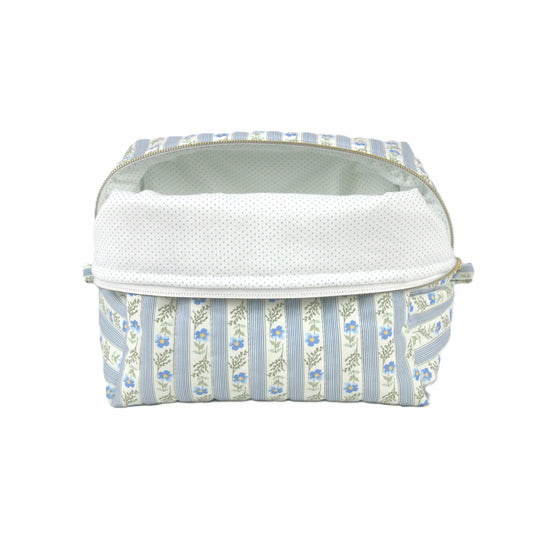 Handmade large makeup bag, blue floral striped with mini blue polkadots on white liner - gift for her NZ