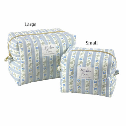 Handmade makeup bag size comparison. Blue floral striped - gift for her NZ