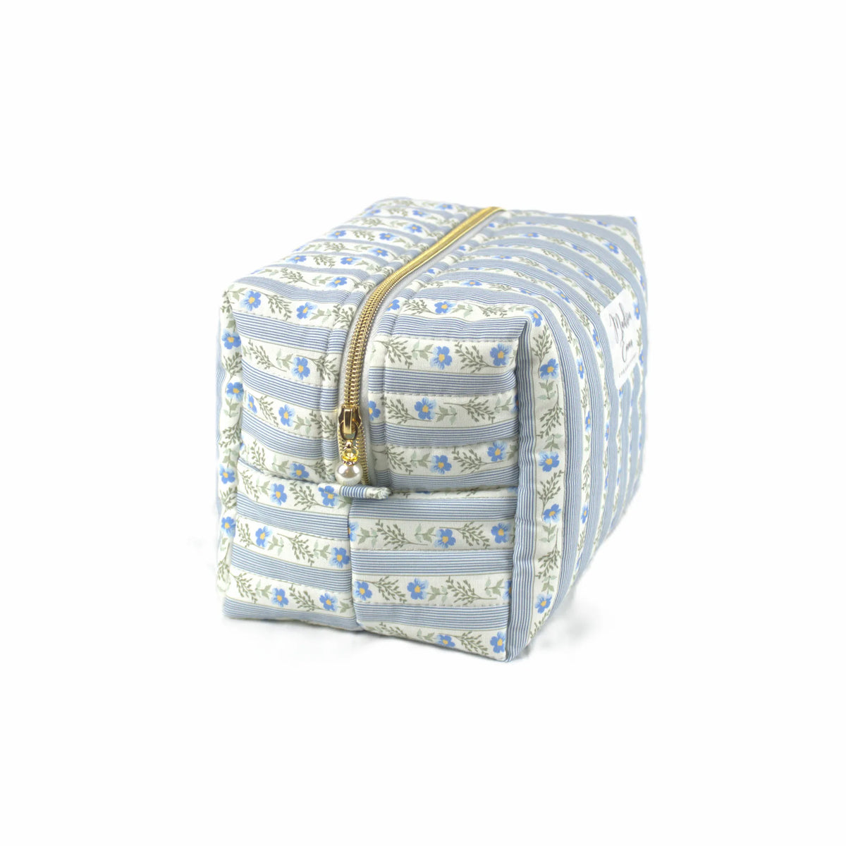 Handmade large makeup bag, blue floral striped with gold zip and pearl zip pull - gift for her NZ