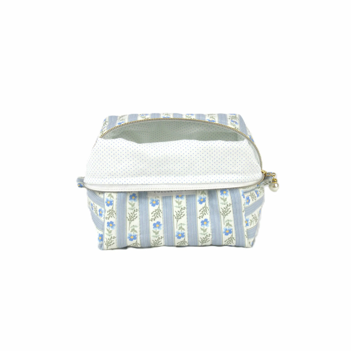 Handmade small makeup bag, blue floral striped with mini blue polkadots on white liner - gift for her NZ