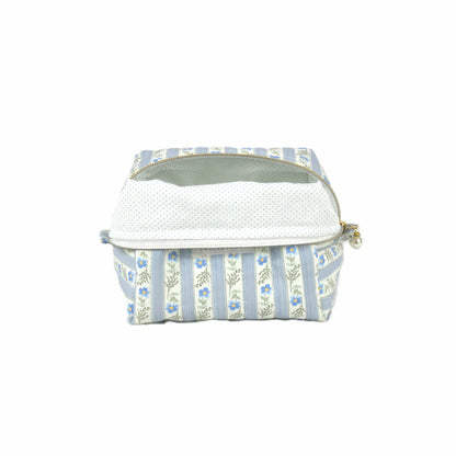 Handmade small makeup bag, blue floral striped with mini blue polkadots on white liner - gift for her NZ