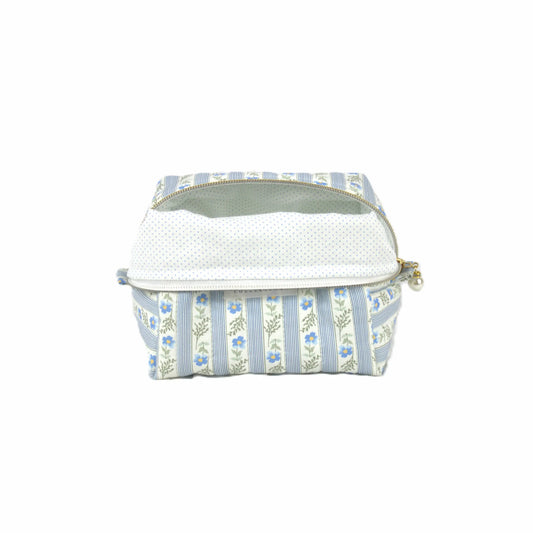 Handmade small makeup bag, blue floral striped with mini blue polkadots on white liner - gift for her NZ