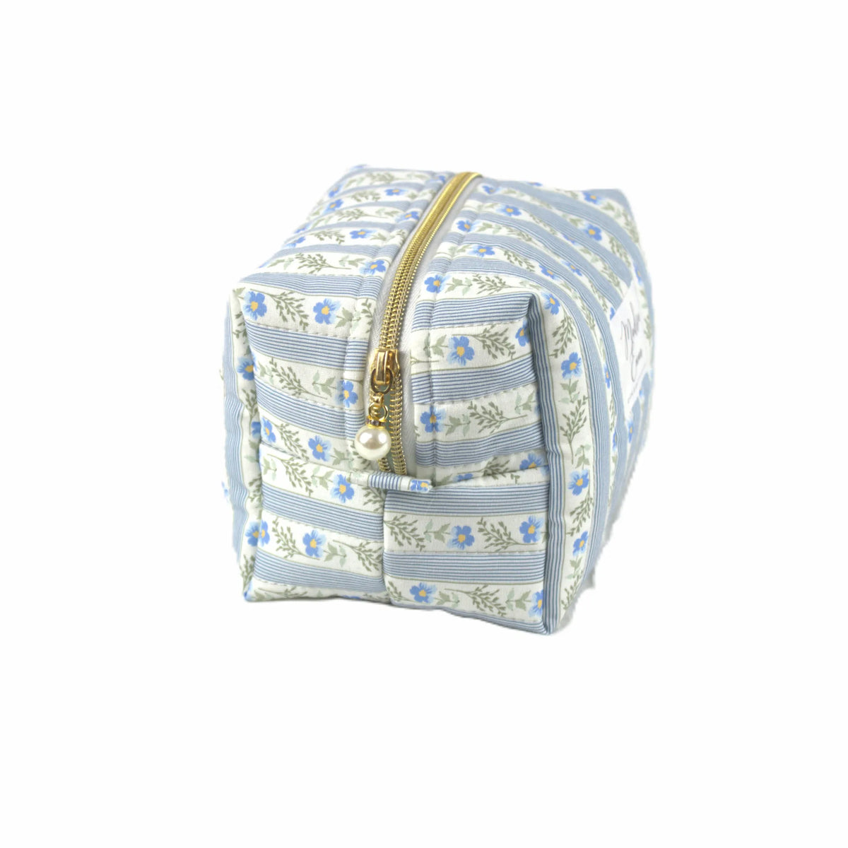Handmade small makeup bag, blue floral striped with gold zip and pearl zip pull - gift for her NZ