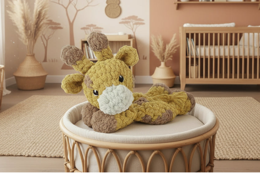 A crocheted giraffe plush toy in mustard yellow, brown, and cream, resting on white and beige checkered bedding.