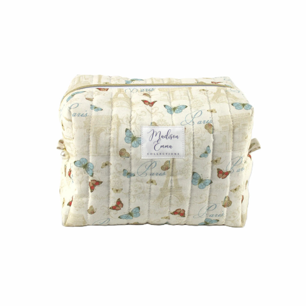 Handmade large makeup bag, classic Paris with Eiffel Tower and butterflies on cream fabric - gift for her NZ