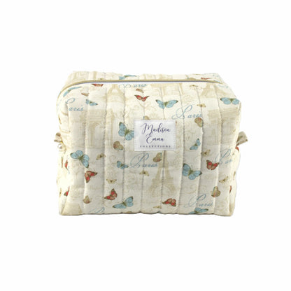 Handmade large makeup bag, classic Paris with Eiffel Tower and butterflies on cream fabric - gift for her NZ
