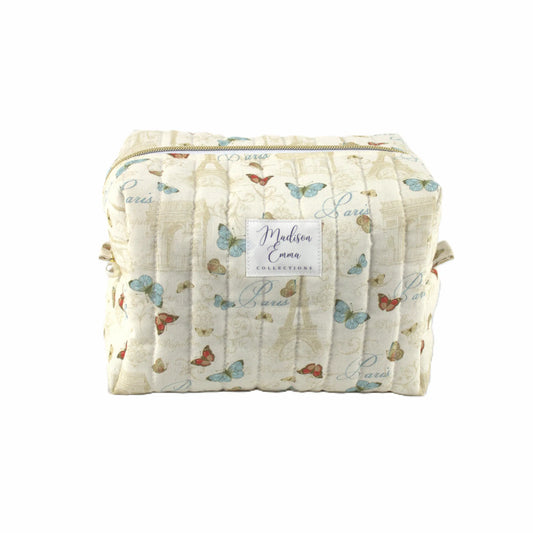 Handmade large makeup bag, classic Paris with Eiffel Tower and butterflies on cream fabric - gift for her NZ