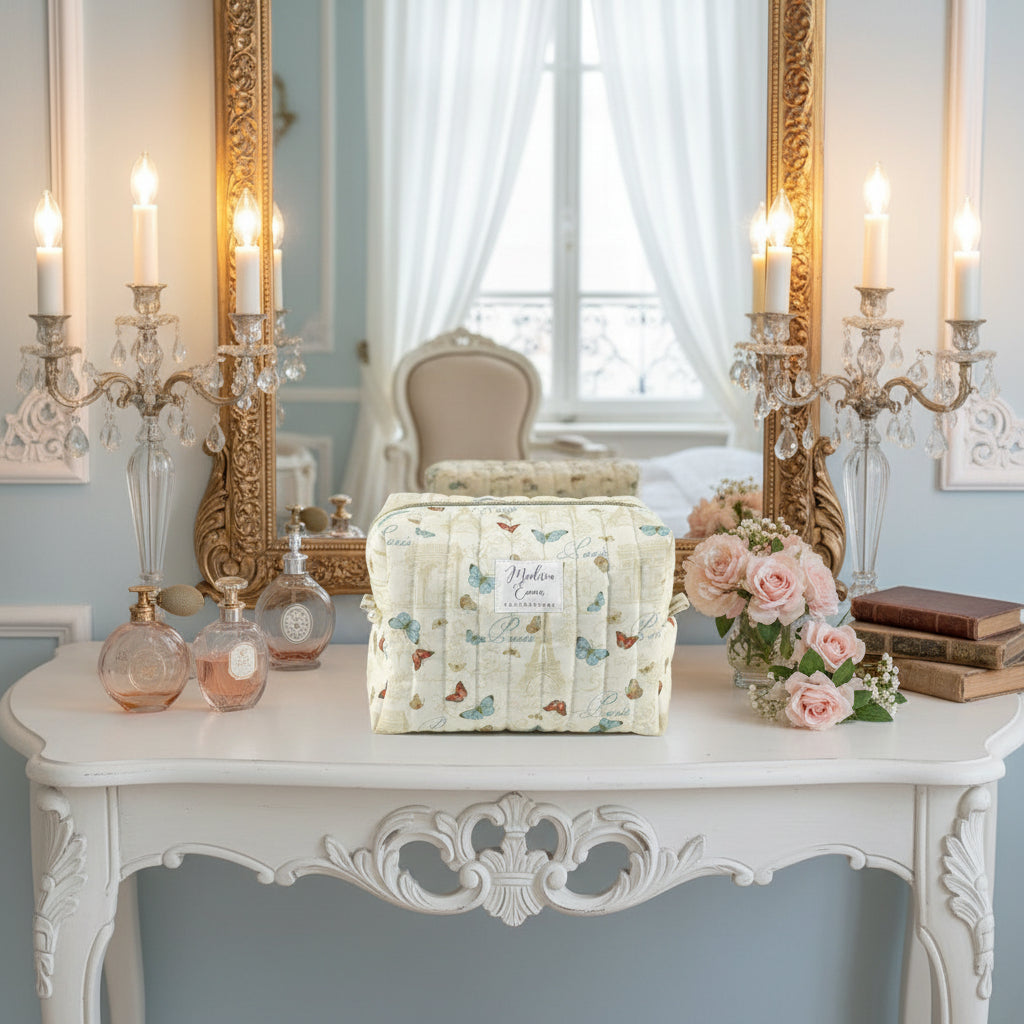Lifestyle photo of handmade large makeup bag, classic Paris with Eiffel Tower and butterflies on cream fabric - gift for her NZ