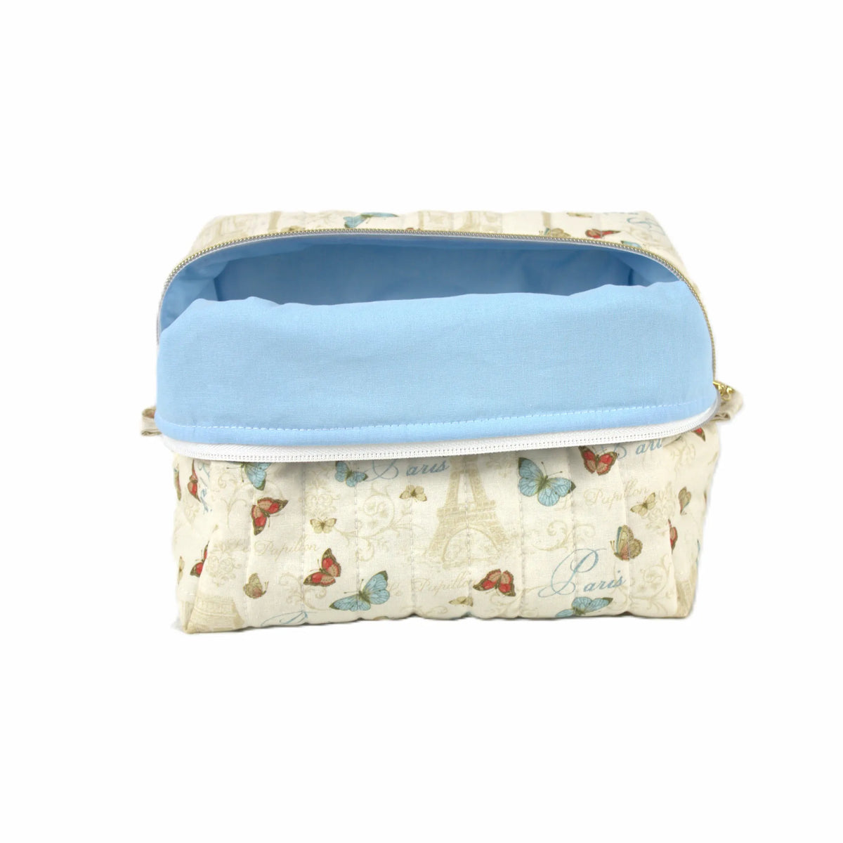 Handmade large makeup bag, classic Paris with Eiffel Tower and butterflies on cream fabric with light blue liner - gift for her NZ