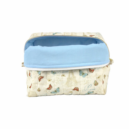 Handmade large makeup bag, classic Paris with Eiffel Tower and butterflies on cream fabric with light blue liner - gift for her NZ