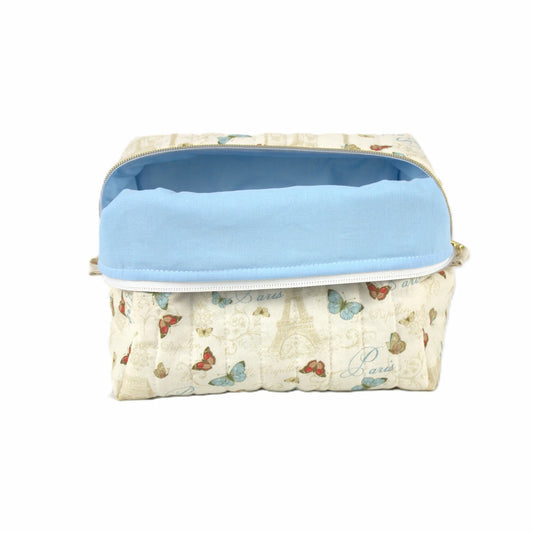 Handmade large makeup bag, classic Paris with Eiffel Tower and butterflies on cream fabric with light blue liner - gift for her NZ