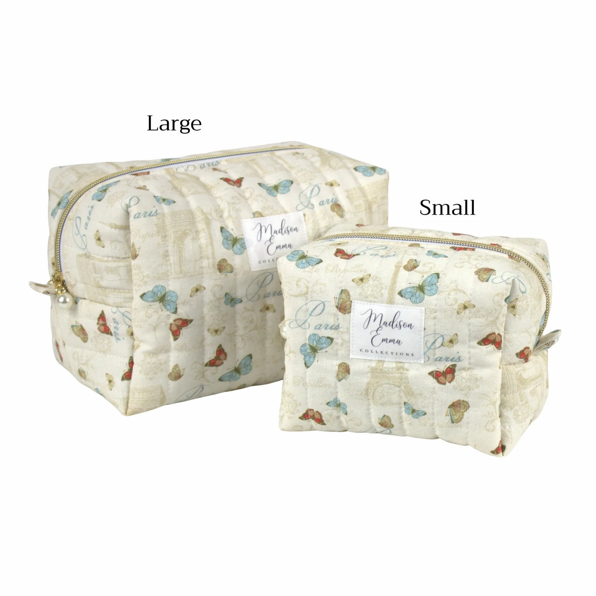 Handmade makeup bag size comparison.  Paris with Eiffel Tower and butterflies on cream fabric - gift for her NZ