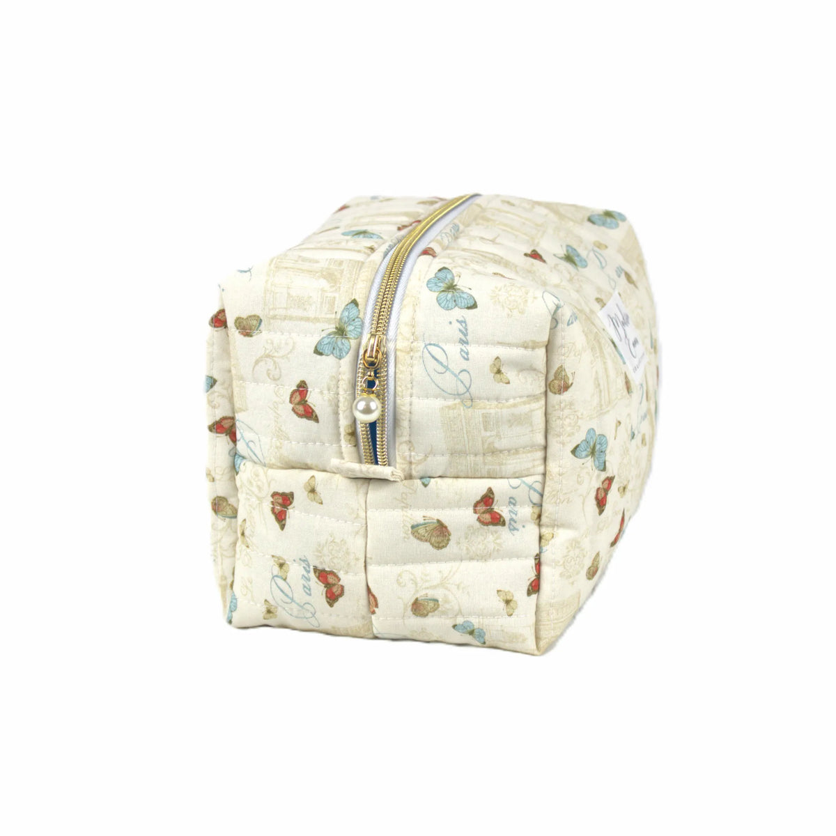 Handmade large makeup bag, classic Paris with Eiffel Tower and butterflies on cream fabric with gold zip and pearl zip pull - gift for her NZ