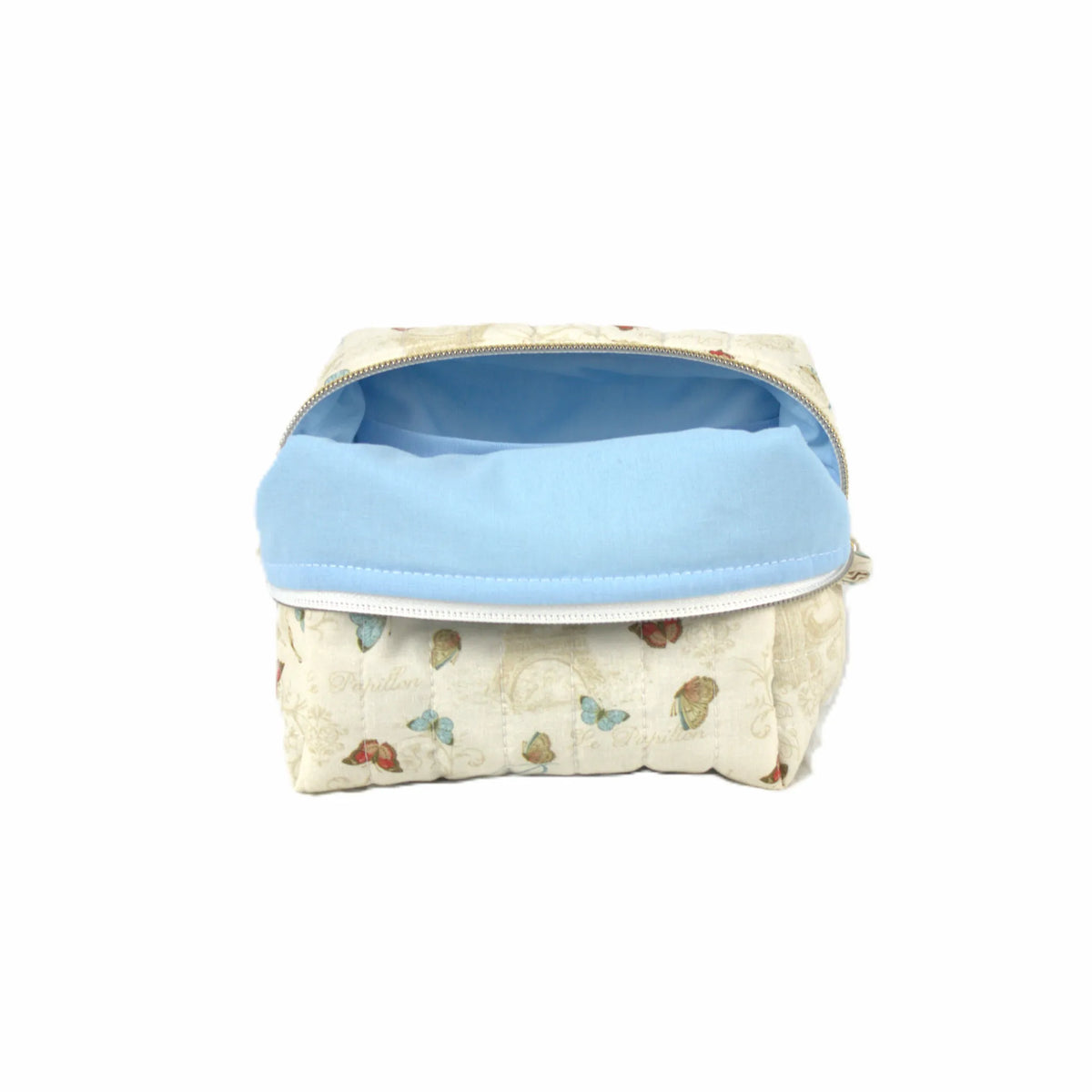 Handmade small makeup bag, classic Paris with Eiffel Tower and butterflies on cream fabric with light blue liner - gift for her NZ