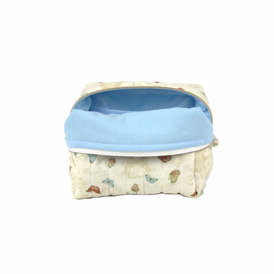 Handmade small makeup bag, classic Paris with Eiffel Tower and butterflies on cream fabric with light blue liner - gift for her NZ