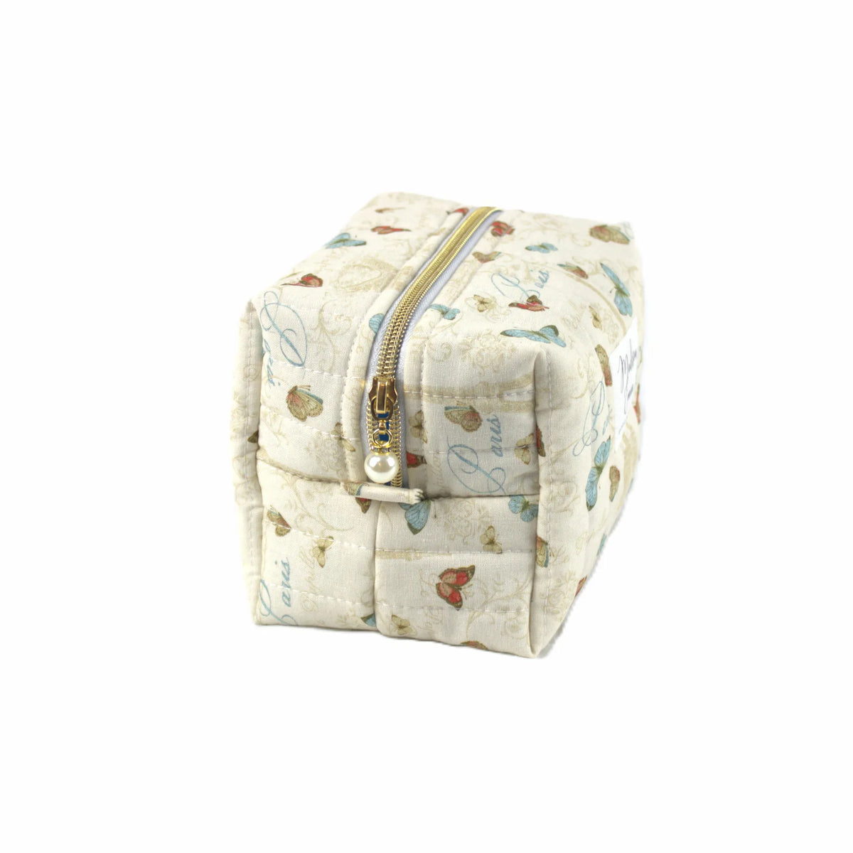 Handmade small makeup bag, classic Paris with Eiffel Tower and butterflies on cream fabric with gold zip and pearl zip pull - gift for her NZ