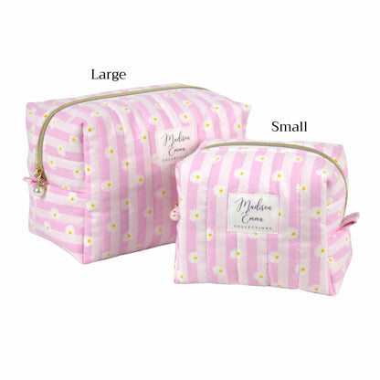 Handmade makeup bag size comparison. Pink stripes and daisies - gift for her NZ