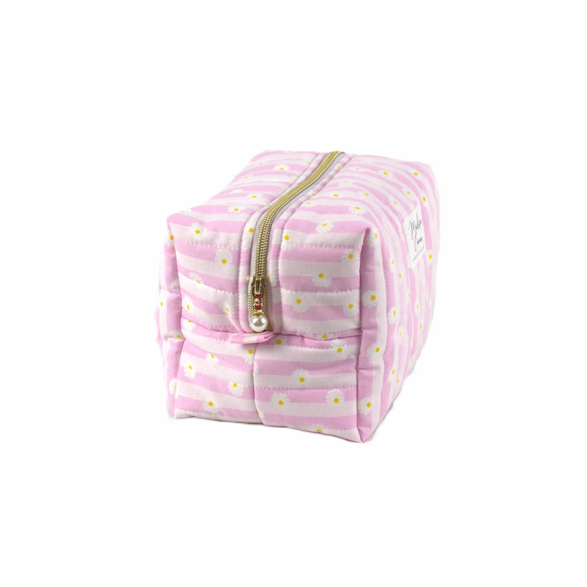 Handmade large makeup bag with pink stripes and daisies with gold zip and pearl zip pull - gift for her NZ