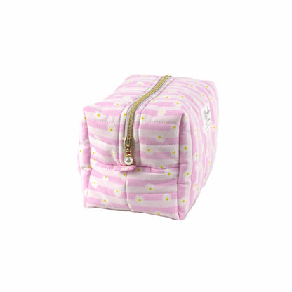 Handmade large makeup bag with pink stripes and daisies with gold zip and pearl zip pull - gift for her NZ