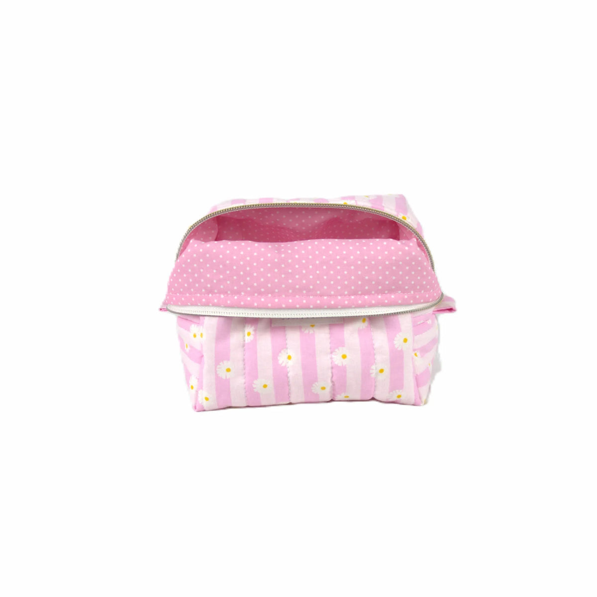 Handmade large makeup bag with pink stripes and daisies with bubblegum pink    and white polkadot liner - gift for her NZ